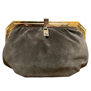 Vintage Bellido Susan Gail Grey Green Suede Clutch Gold Tone Hardware